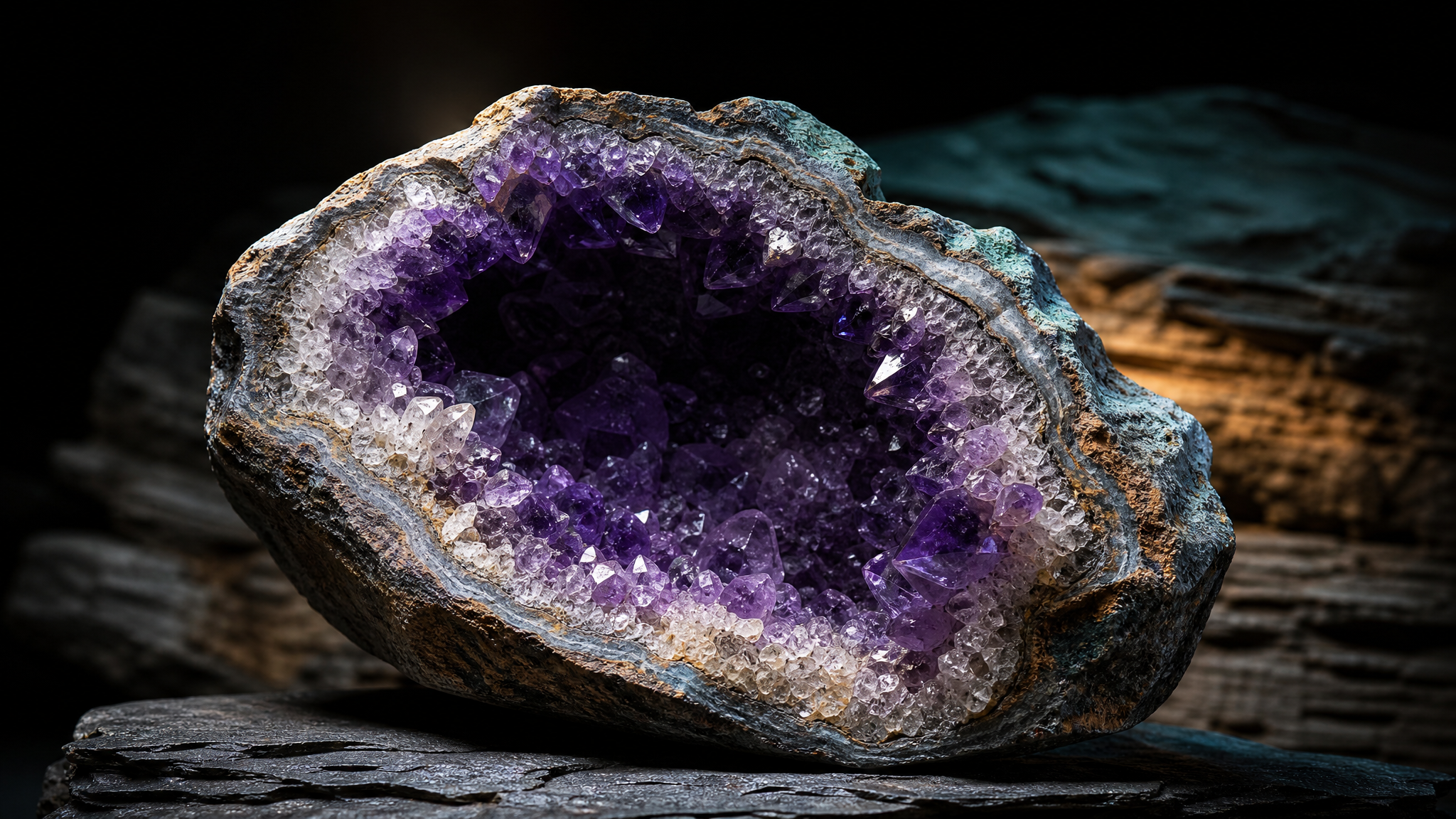 Illuminated amethyst geode cross-section against layered rock strata